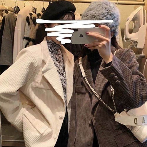 2020早春新款港风chic复古网红西服宽松休闲灯芯绒小西装外套女潮