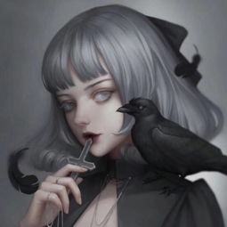 求一张动漫图片是一个穿着黑衣服的女孩手里拿着个一个十字架放在嘴边肩膀上站着一只乌鸦的图片求图
