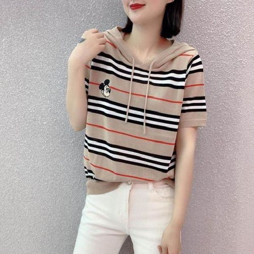 韩版连帽条纹亚麻冰丝针织衫女宽松显瘦春夏季米奇头卡通刺绣短袖