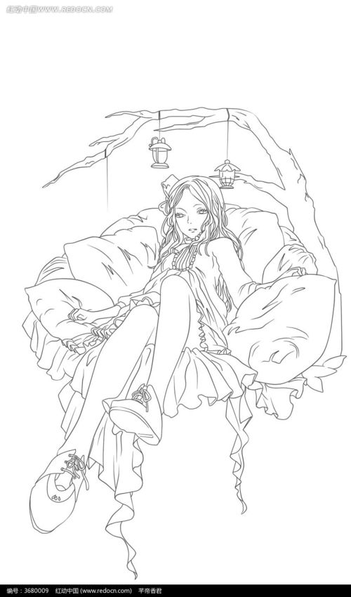 躺在吊床上的美少女手绘线稿插画图片免费下载编号3680009红动网