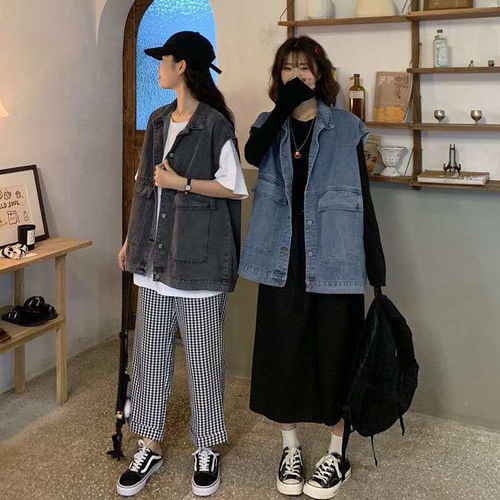 2020港味牛仔外套女韩版宽松学生春秋新款bf风工装坎肩牛仔马甲