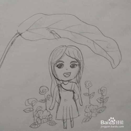 小清新简笔画叶子女孩花朵
