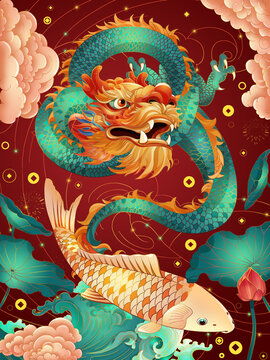 生肖龙年新年祝福国潮古风插画