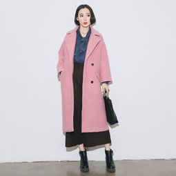 红人馆欧美风翻领长袖双口袋中长款毛呢外套女装秋冬新款