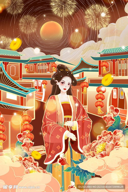 新年国风春节卡通美女插画设计图