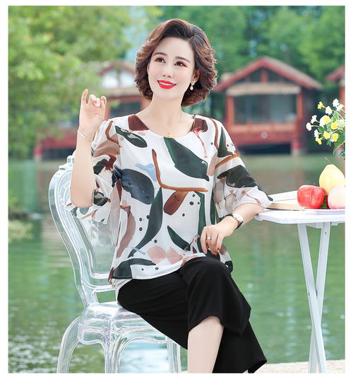 洋湖轩榭中老年女装夏装中袖t恤上衣雪纺衫中年妈妈女短袖小衫套装a