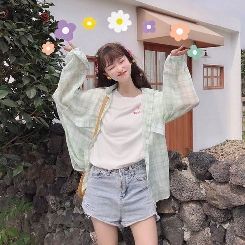 防晒衣女夏韩版宽松学生灯笼袖bf格子衬衫中长款外套日系百搭上衣