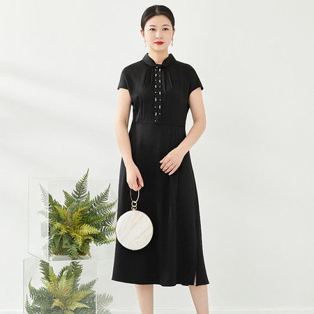 施悦名乡舍丽女装新款夏季妈妈装连衣裙手工绣钻蝴蝶结领裙高档婚庆礼服