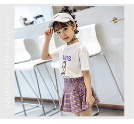 2019夏季新款韩版女童中大童甜美头像印花t格子裙两件套