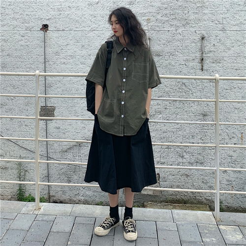 夏季女装百搭明线工装bf风翻领衬衣纯色口袋半身裙女