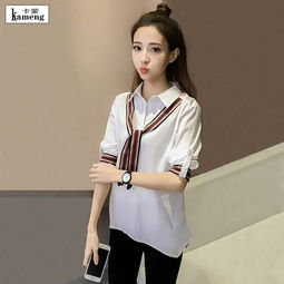 2017早春女装时尚新款长袖翻领套头衬衫条纹领结学院风白色衬衣上衣女
