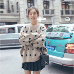 ins网红杏色波点圆领套头针织衫女闺蜜短款宽松百搭学生毛衣cs