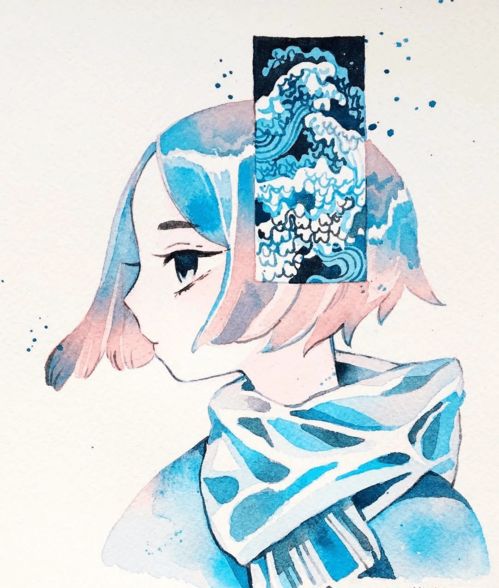 水彩画手绘少女和大海的故事清凉治愈的水彩插画简单又出效果,非常适合临摹