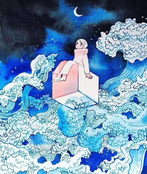 水彩画手绘少女和大海的故事清凉治愈的水彩插画简单又出效果,非常适合临摹