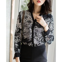 施悦名轻奢黑白艺术画气质真丝衬衫长袖打底印花女2019春图片大全邮乐官方网站