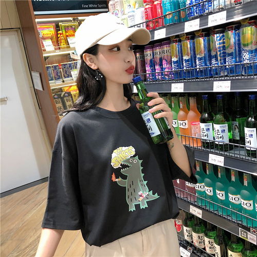 韩版新款宽松bf港风慵懒风少女上衣简约ulzzang学生ins潮短袖amm福卡商城
