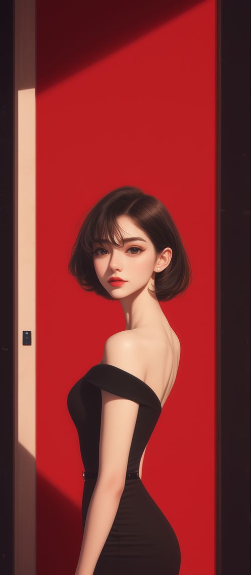 手机壁纸短发大眼美女手绘红色背景手机壁纸