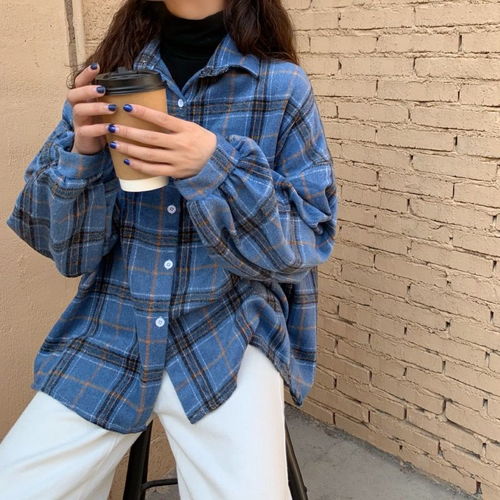 春季原宿蝙蝠袖衬衫女bf风中长款宽松韩版毛呢格子衬衣开衫外套潮