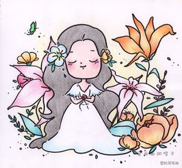 花与少女小女孩简笔画图片