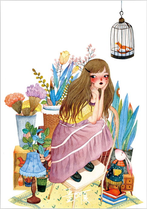 水彩手绘插画少女小清新