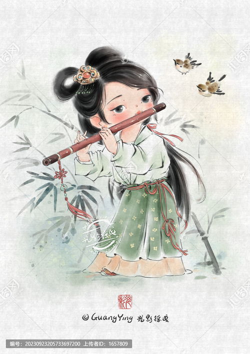 q版古风女孩吹笛子水墨插画