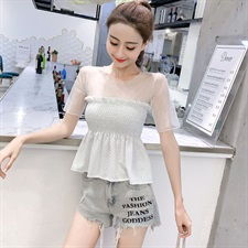 实拍现货2019夏新品甜美网纱拼接波点超仙气短袖雪纺衫上衣女