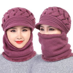 中老年人帽子女冬季百搭加厚毛线帽加绒保暖围脖妈妈帽连体针织帽,一品好特惠