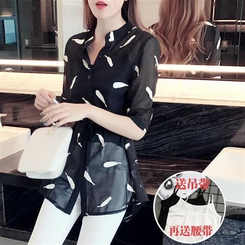 夏季女装七分袖衬衣中长款雪纺衬衫女学生韩版宽松衣服雪纺衫上衣