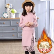 蕾丝拼接开叉毛衣针织衫女童气质优雅纯色长袖中长款2018冬季加绒