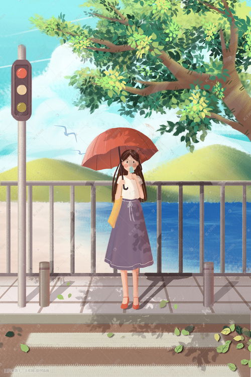 夏天夏景夏日少女风景卡通小清新插画图片千库网