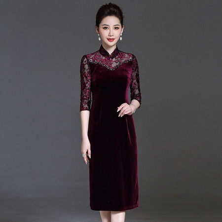 施悦名气质修身妈妈装旗袍金丝绒刺绣婚礼婚宴连衣裙礼服中老年女装a