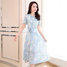 夏装2019新款女装长款喇叭袖清新印花雪纺连衣裙女