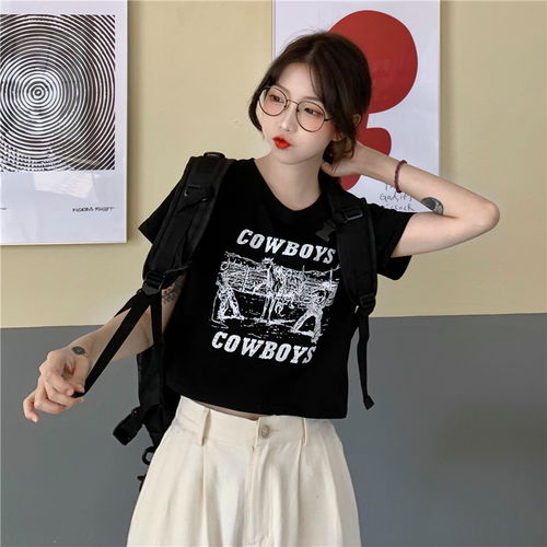 施悦名复古印花短款短袖t恤女2021夏装新款韩版设计感少女修身学生上衣