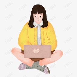 卡通玩电脑的长发女生插画素材图片免费下载高清psd千库网图片编号11398219