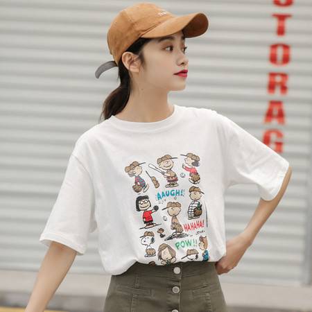 施悦名2019夏装新款小清新学院风百搭上衣卡通短袖t恤女a