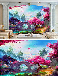 唯美紫色樱花桃花油画电视背景墙图片设计素材高清模板下载91.74mb油画立体油画电视背景墙大全