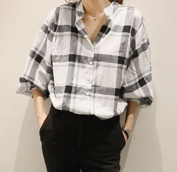 2015夏装新款黑白大格子衬衣bf风大码女式衬衫女长袖胖mm宽松上衣