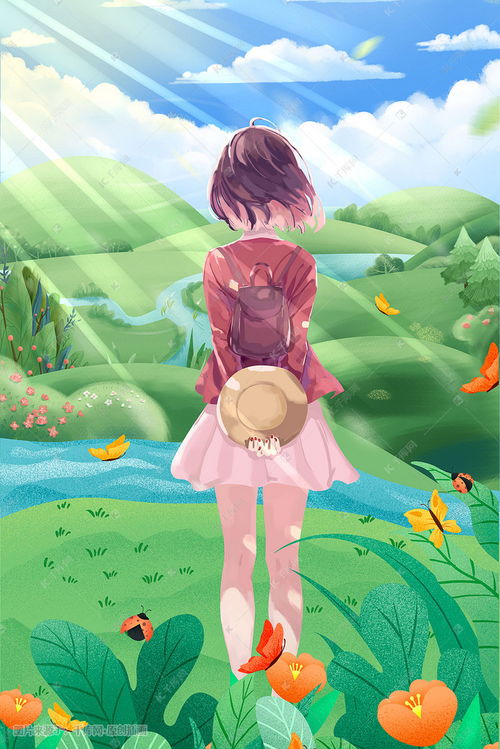 唯美卡通小清新女孩踏青插画图片千库网