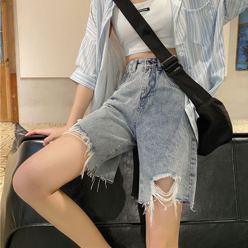 个性bf风撕边破洞牛仔短裤女夏季宽松韩版学生高腰显瘦牛仔五分裤