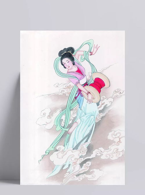 云中击鼓的仙女古代女子,蓝色飘带,仕女图,书画,图片素材,中国风,书画书籍,书画文字,艺术文化,矢量素材微笑smile