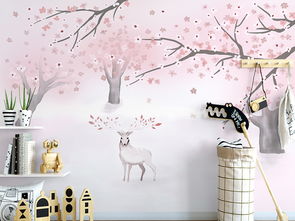 原创手绘北欧梦幻樱花仙鹿沙发电视背景墙图片素材psd效果图下载手绘电视背景墙图大全电视背景墙编号18528826