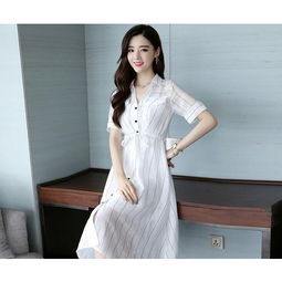 lr2018夏装新款女装韩版气质雪纺黑白条纹衬衫中长款仙女连衣裙女