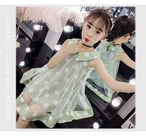 2019夏季新款韩版女童中大童可爱翻领圆点网纱连衣裙