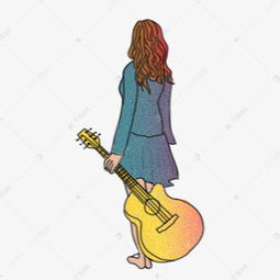 卡通手绘噪点风格拿吉他的文艺长发女生背面素材图片免费下载千库网