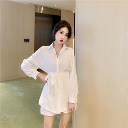 货号5174白色衬衫休闲套装女收腰阔腿短裤两件套配腰带