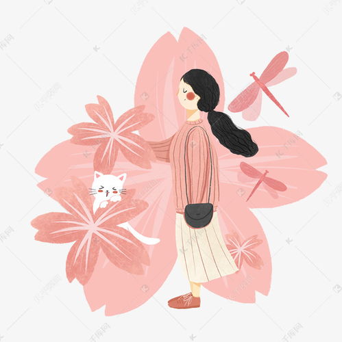 春天樱花少女猫咪蜻蜓粉色烂漫png素材图片免费下载千库网