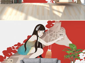 现代手绘卡通美女长颈鹿背景墙壁画图片设计素材高清模板下载46.56mb手绘电视背景墙大全