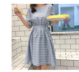 连衣裙女2019新款韩版夏季宽松修身收腰a字裙大摆裙短袖条纹裙子ws