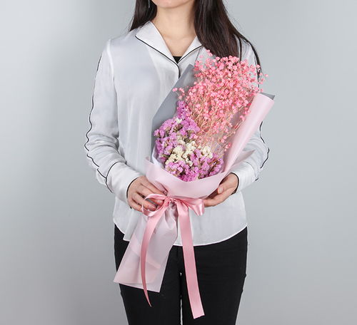 flowersong永生花璀璨星辰少女粉粉色满天星0.3扎,白色粉色勿忘我各5枝礼品