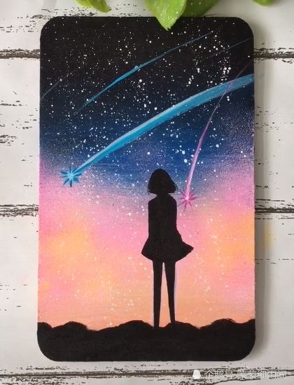 美术生手绘星空下的女孩,手法非常简单,看到成画反手一个赞